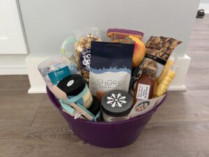 basket with coffee and honey and other goodies