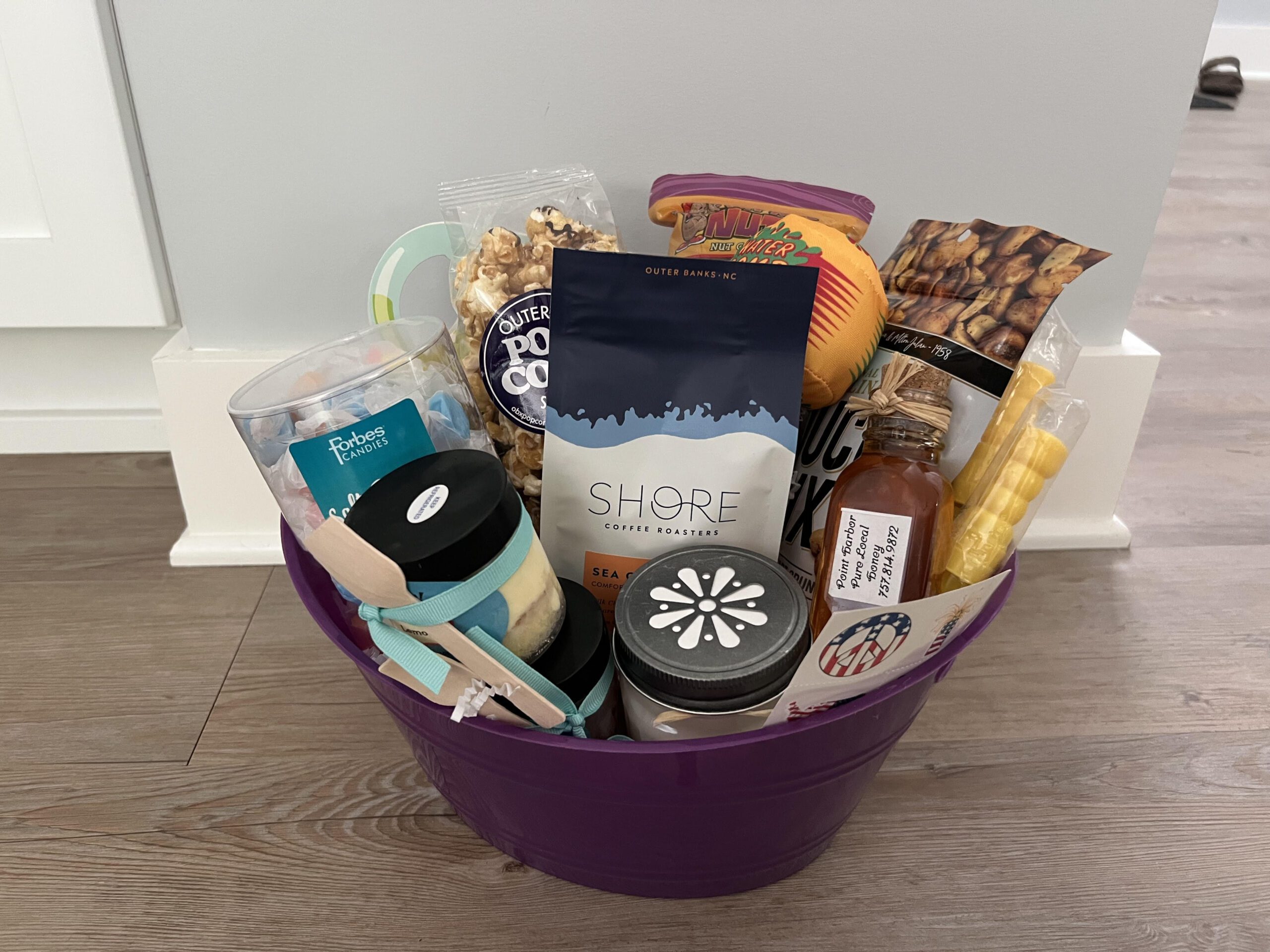 basket with coffee and honey and other goodies